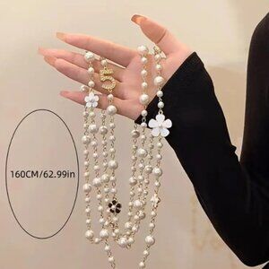 NWOT Faux Pearl Necklace With Varied Flower Accents and Classic Multi-Layered